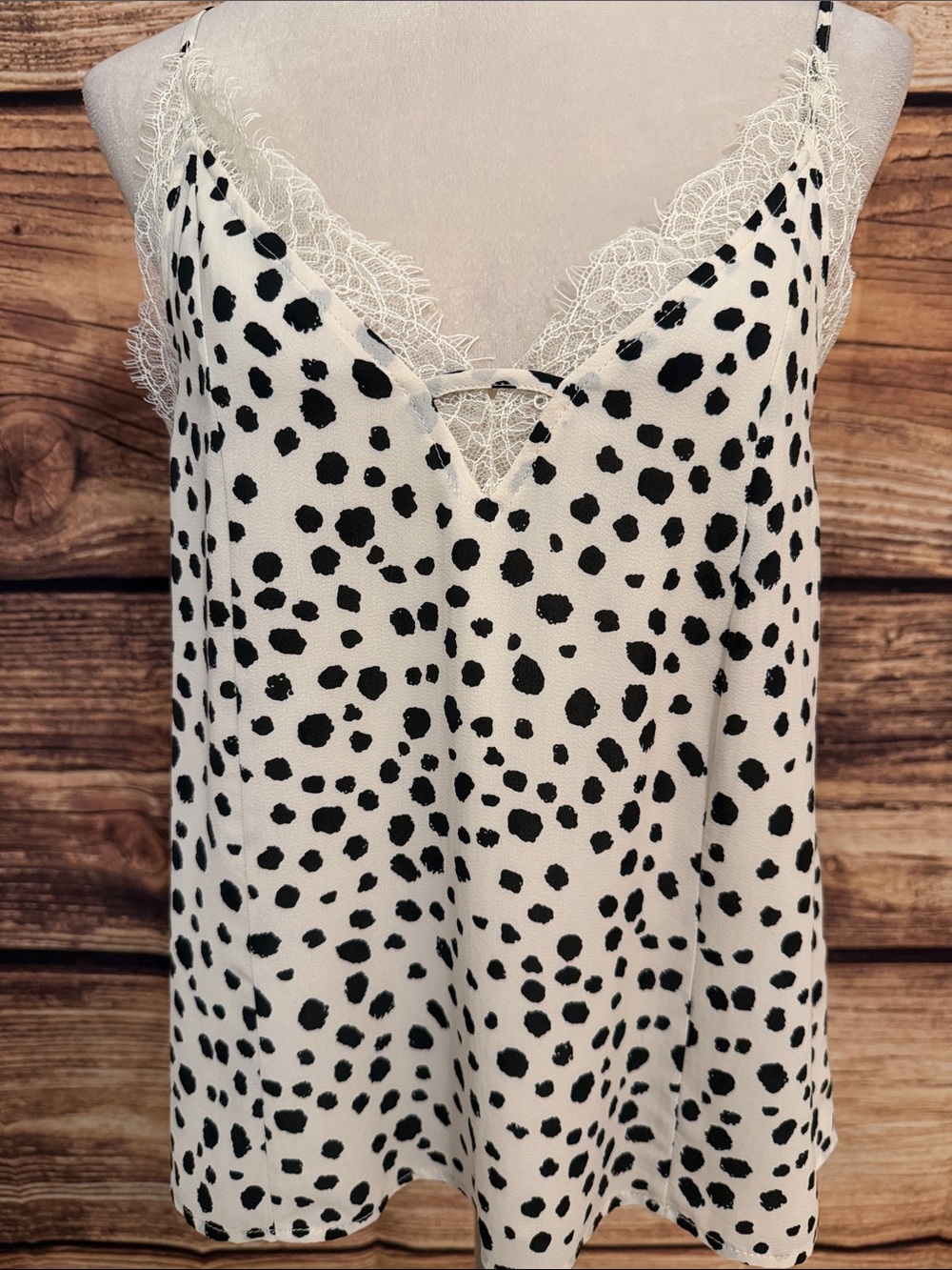 Listicle White Cami with Black Spot Print and Lace Trim